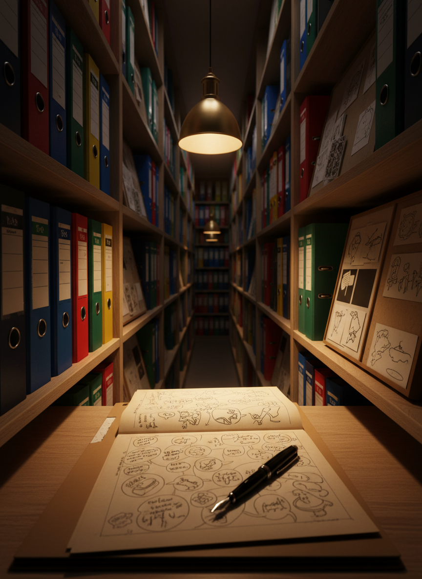 A long, low bookshelf receding into the distance like a runway inside a narrow closet, each shelf filled with distinctively colored binders, draft manuscripts, and storyboards, photographed in realistic detail. On the near end of the shelf, a single open folder reveals printed pages covered in handwritten notes and doodles, a sleek black pen resting diagonally across. Overhead, a small pendant lamp casts a warm, concentrated pool of light that gradually fades into soft shadow along the shelves, suggesting many unseen projects. The atmosphere feels playful yet focused, like a behind-the-scenes peek at evolving creative work. Shot from a slightly low, leading-line perspective with shallow depth of field, drawing the eye from the foreground pages into the mysterious depths of the closet-library.