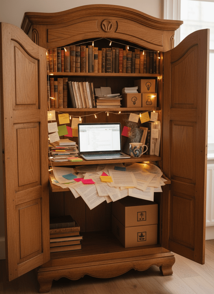 A cozy, tucked-away writing nook built into an oversized wardrobe, photographed with rich, photographic realism. Inside the open wooden doors, a narrow built-in desk holds an open laptop beside a scattered pile of printed short stories, colorful sticky notes, and a steaming ceramic mug. Above, tiny string lights drape along the wardrobe’s interior frame, casting a soft, twinkling glow that mixes with faint natural daylight from the room beyond. The surrounding shelves are crammed with books, index card stacks, and labeled boxes reading “Drafts,” “Ideas,” and “Experiments” as graphic symbols, not legible text. The mood is intimate, secret, and playful, like a hidden portal to imaginative worlds. Captured from a slightly elevated angle, moderate depth of field, with a warm, inviting color palette and a balanced, homey composition.