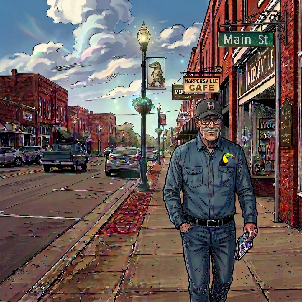 Small town Main Street stroll with coffee Woman walking on Main Street holding a coffee cup and tote bag in a small town