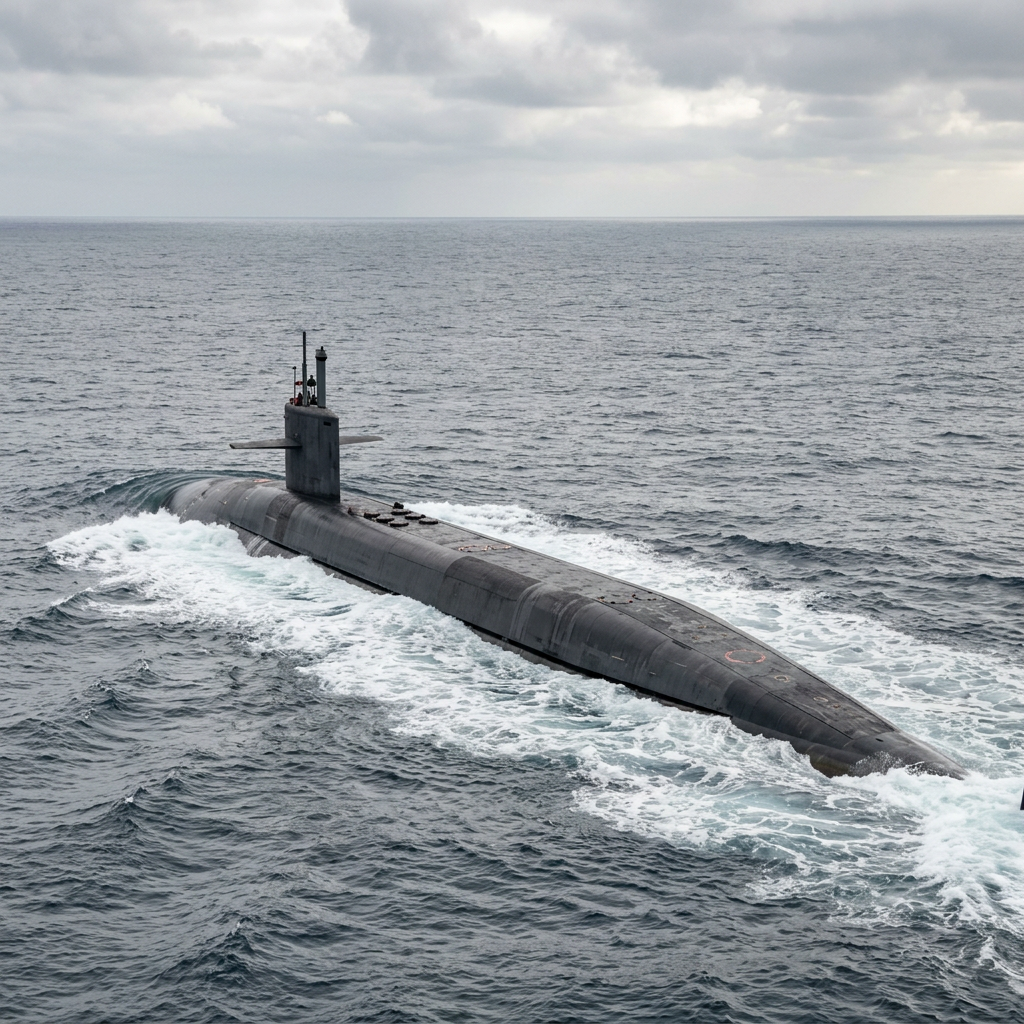 Naval submarine cruising on ocean surface with waves and cloudy sky