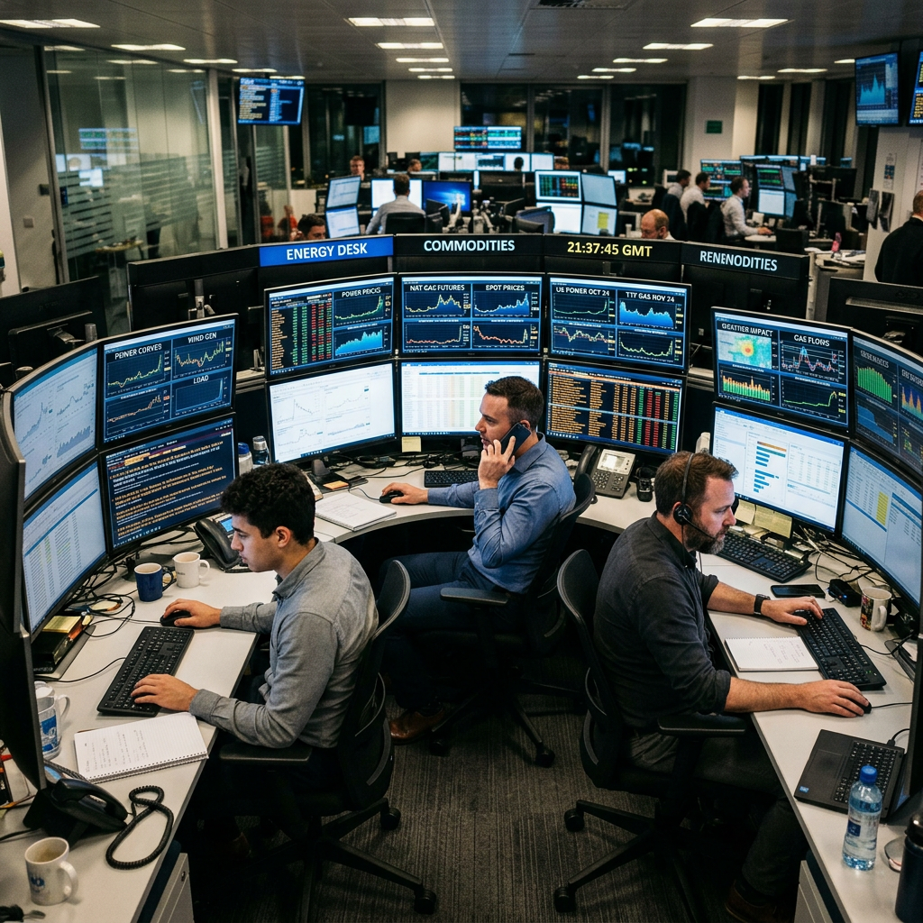 Three traders at energy trading computers