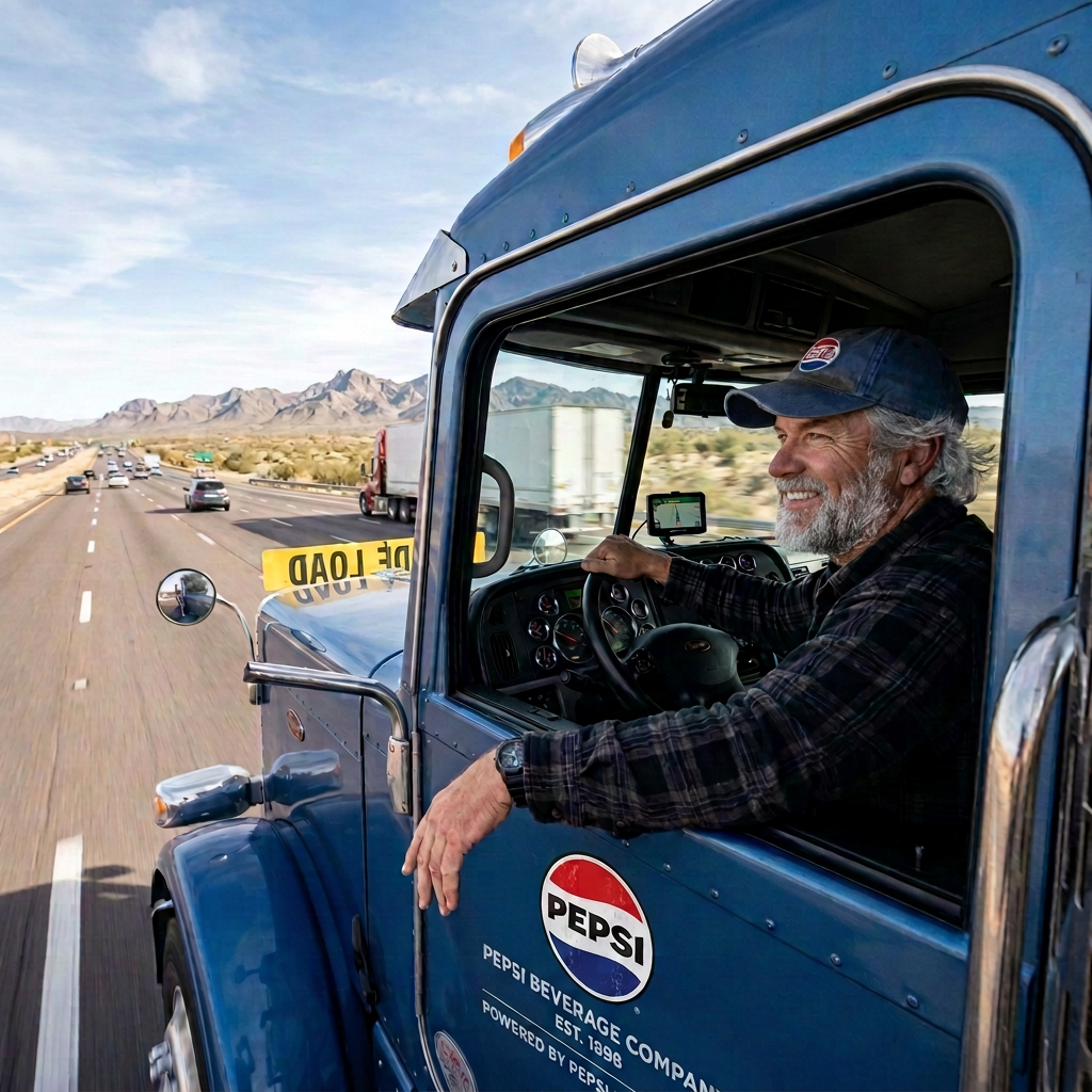 Truck driver in rig arm out window highway