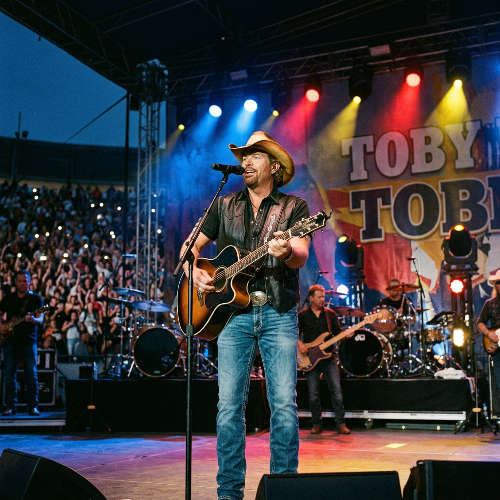Toby Keith performing on stage with guitar at a live country music concert