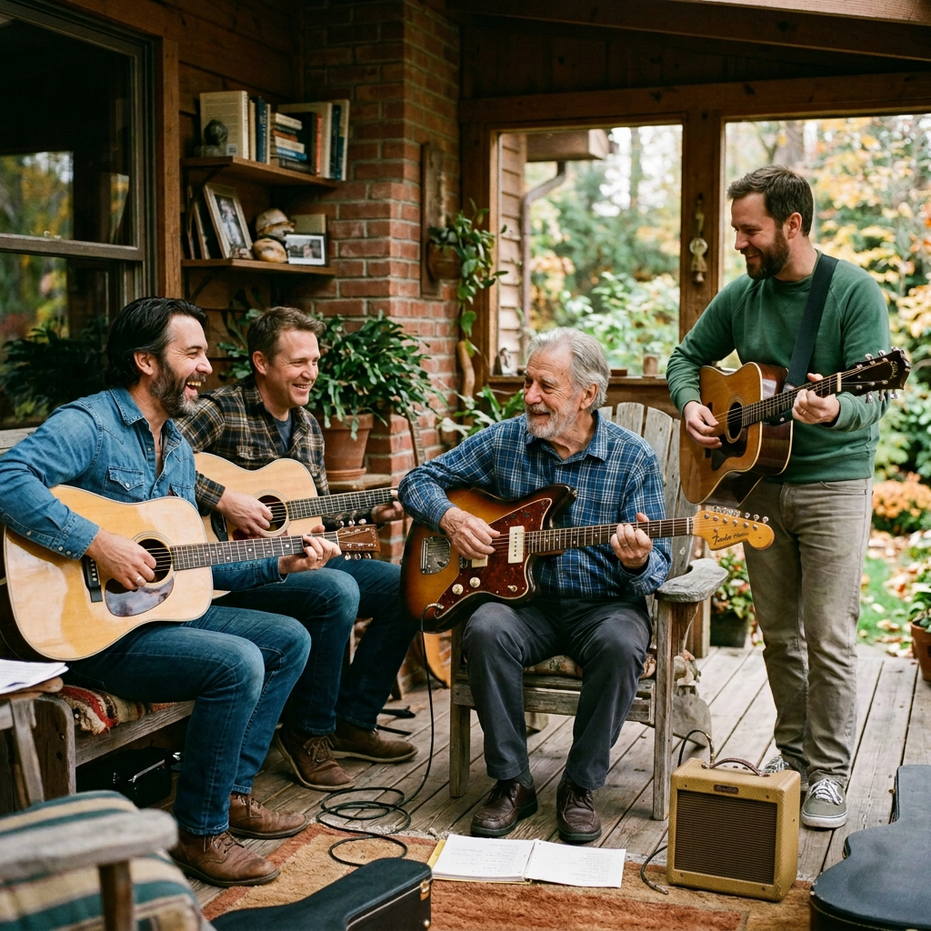 Four men playing acoustic guitars together, smiling and seated on a porch surrounded by plants and autumn scenery