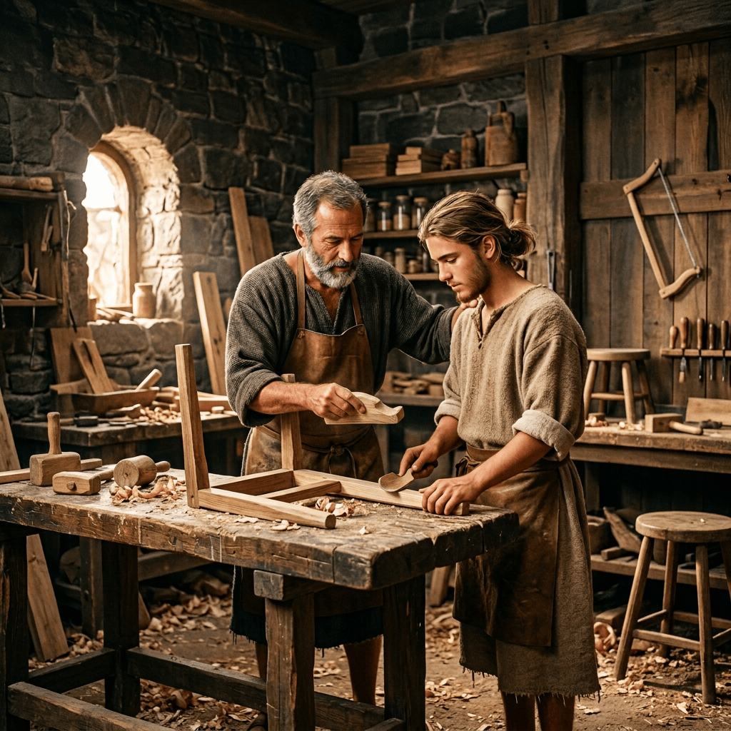 Older man instructing young man on woodworking in workshop