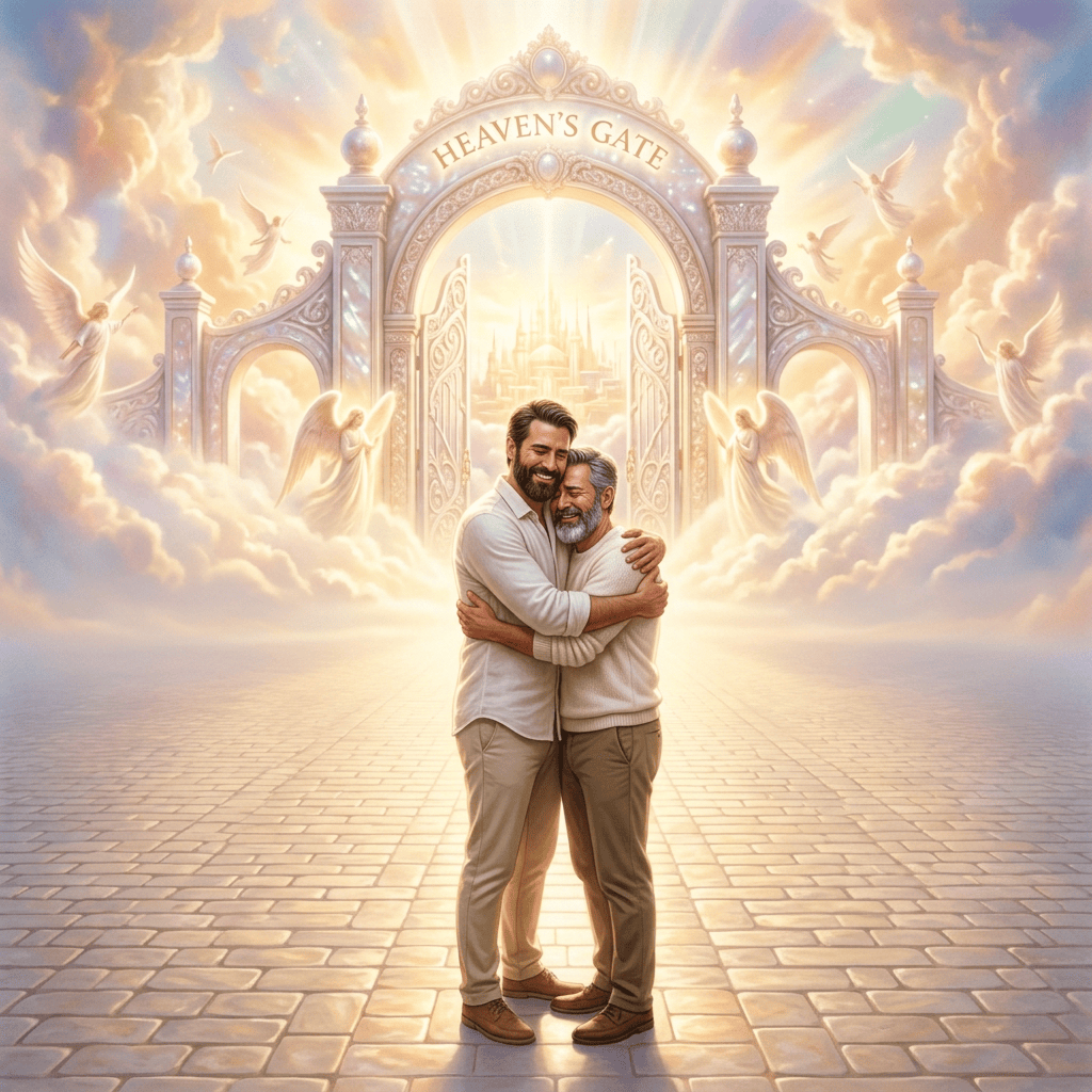 Groups of people embracing and celebrating near ornate open gates labeled Heaven's Gate with glowing city and angels in the background