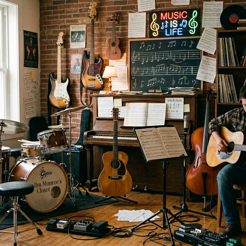Music studio with drums, guitars, piano, sheet music, and a musician playing guitar